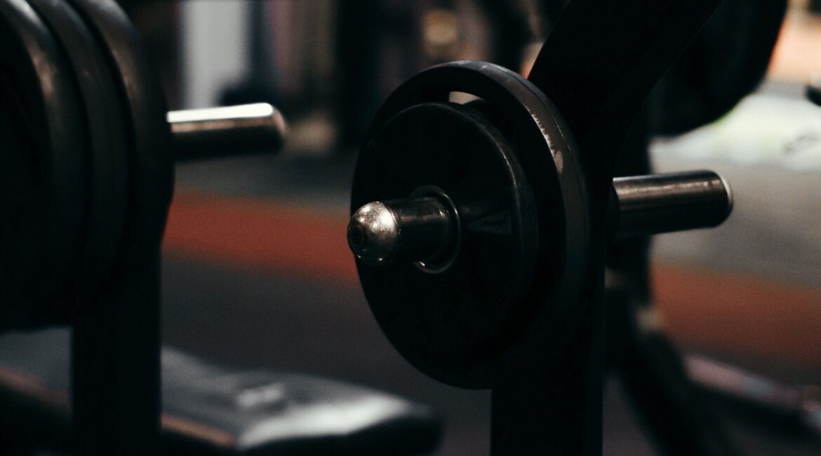 Dark, moody weight room at WTF Gym in Woodland Hills with barbells and heavy free weights